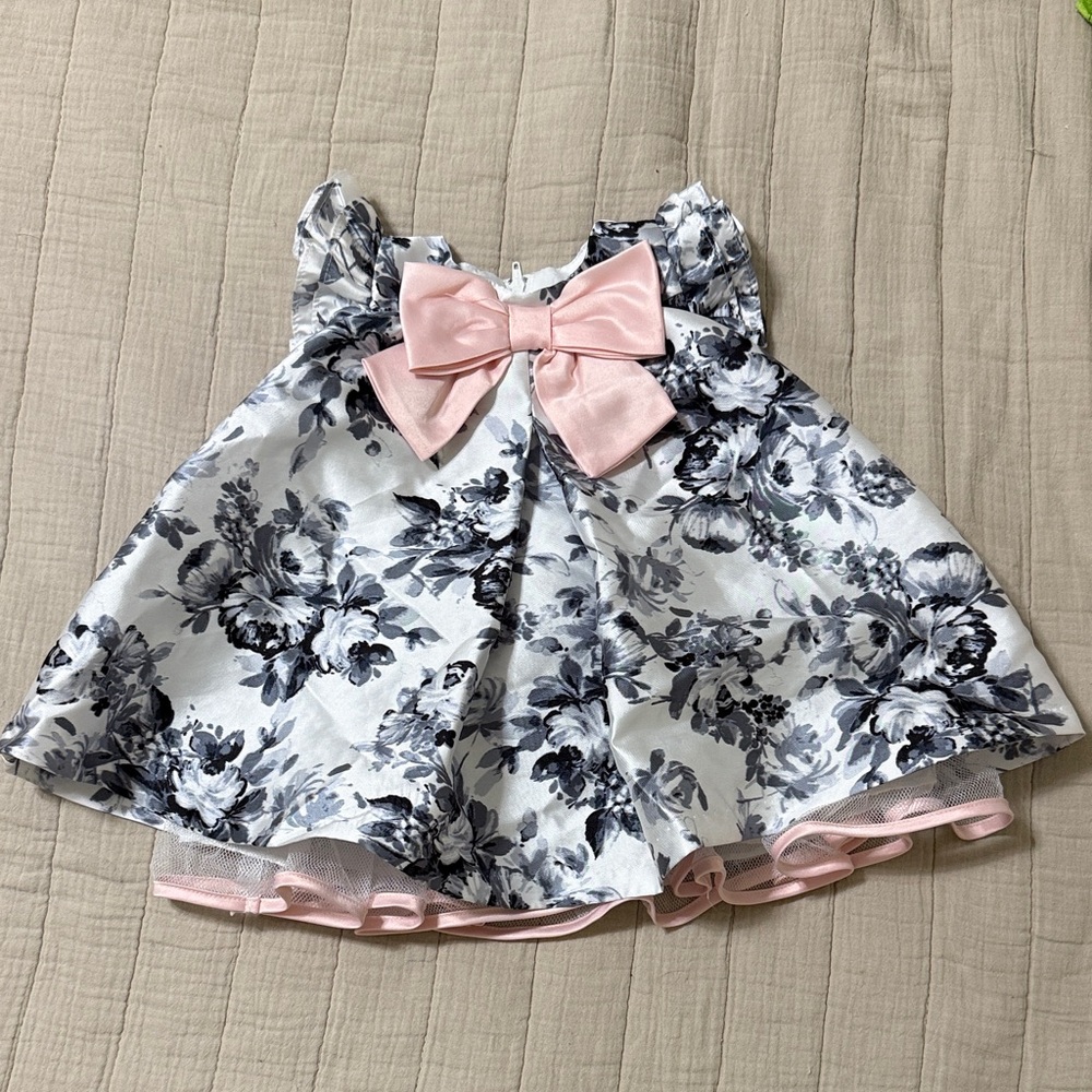 Bonnie Baby Black and White Floral Dress with Pink Bow